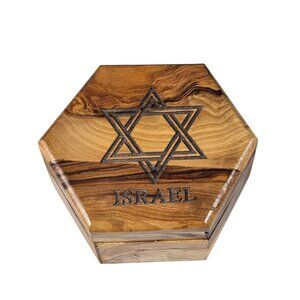 Handcrafted Olive Wood Jewelry Trinket Box Star of David Israel Hexagon Felt